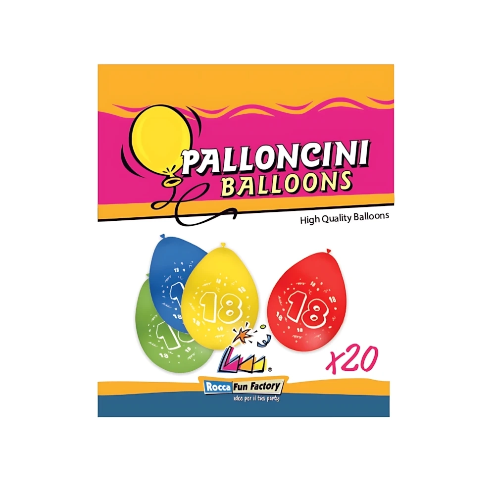 Palloncini 10" (26cm) assortiti con stampa bianca Numero 18 su due lati, 20pz.