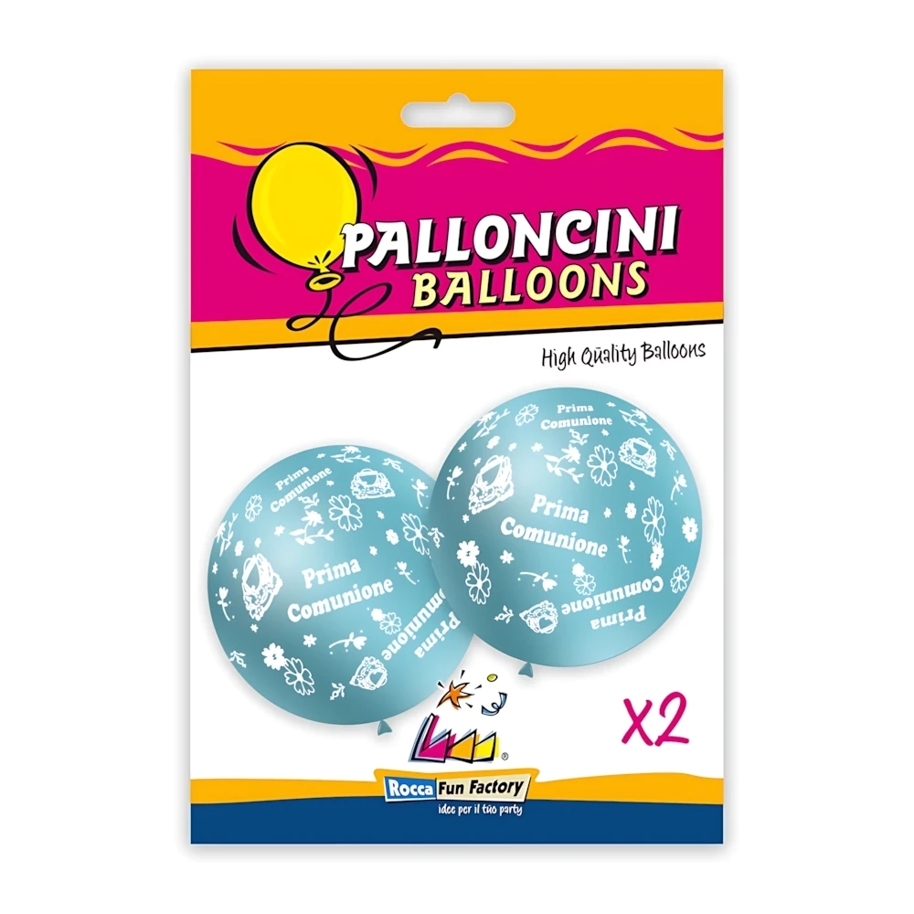 Palloncini 33" (86cm) celeste 80 con stampa bianca globo Prima Comunione, 2pz.