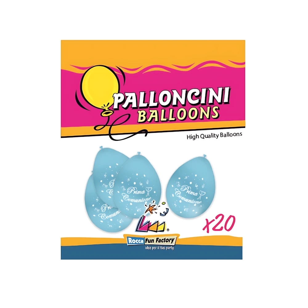 Palloncini 10" (26cm) celeste 46 con stampa bianca Prima Comunione su 2 lati, 20pz.