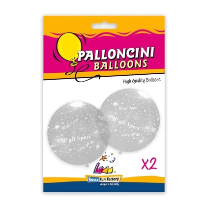 Palloncini 33" (86cm) trasparente 57 con stampa bianca Viva Gli Sposi, 2pz.