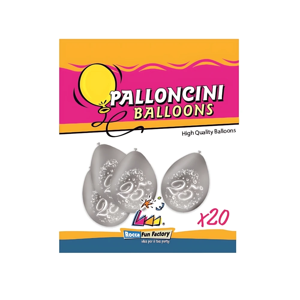 Palloncini 10" (26cm) argento 68 con stampa bianca 25° Anniversario su 2 lati, 20pz.