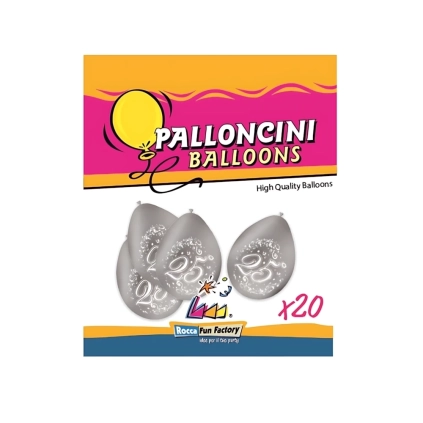 Palloncini 10" (26cm) argento 68 con stampa bianca 25° Anniversario su 2 lati, 20pz.