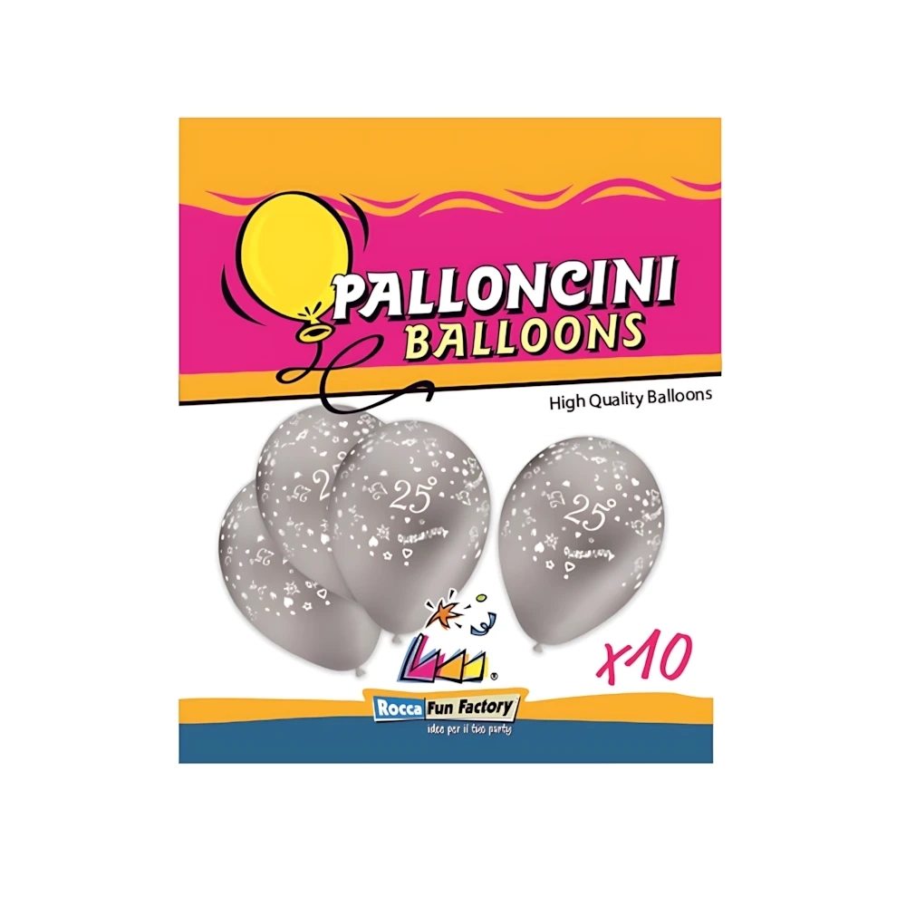 Palloncini 12" (30cm) argento 68 con stampa bianca globo 25° Anniversario, 10pz.