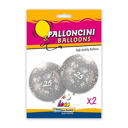 Palloncini 33" (86cm) argento 68 con stampa bianca globo 25° Anniversario, 2pz.