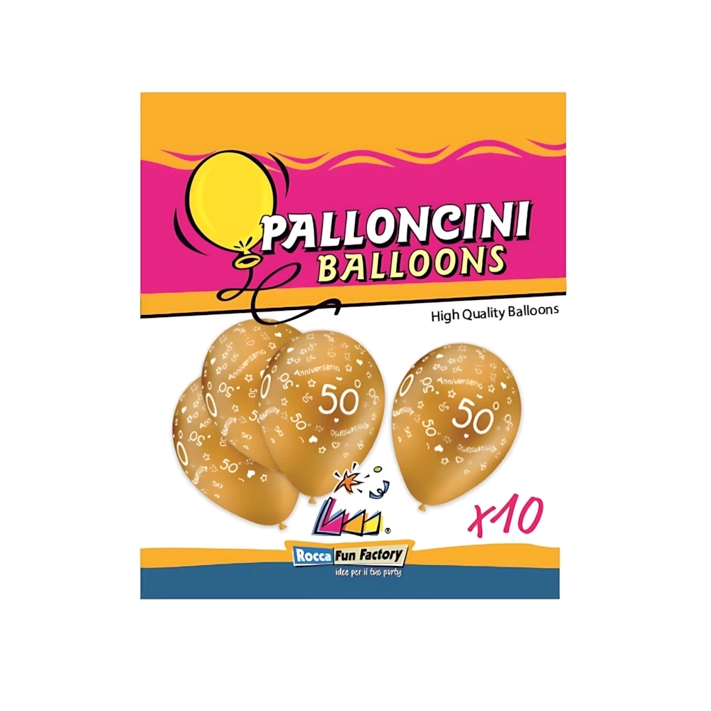 Palloncini 12" (30cm) oro 66 con stampa bianca globo 50° Anniversario, 10pz.