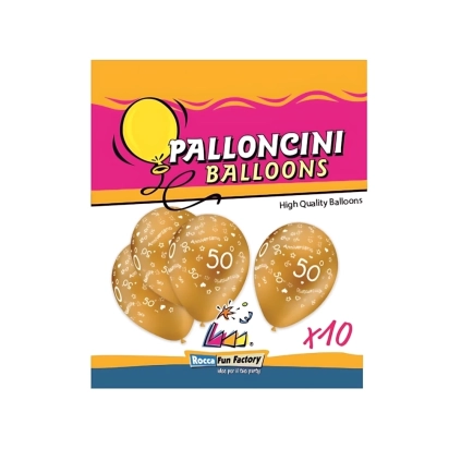Palloncini 12" (30cm) oro 66 con stampa bianca globo 50° Anniversario, 10pz.