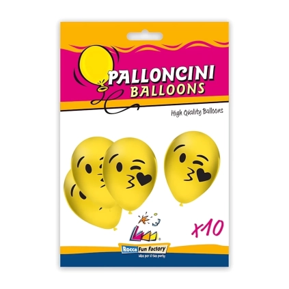 Palloncini 12" (30cm) giallo 11 con stampa nera Emoticon Bacio su 1 lato, 10pz.