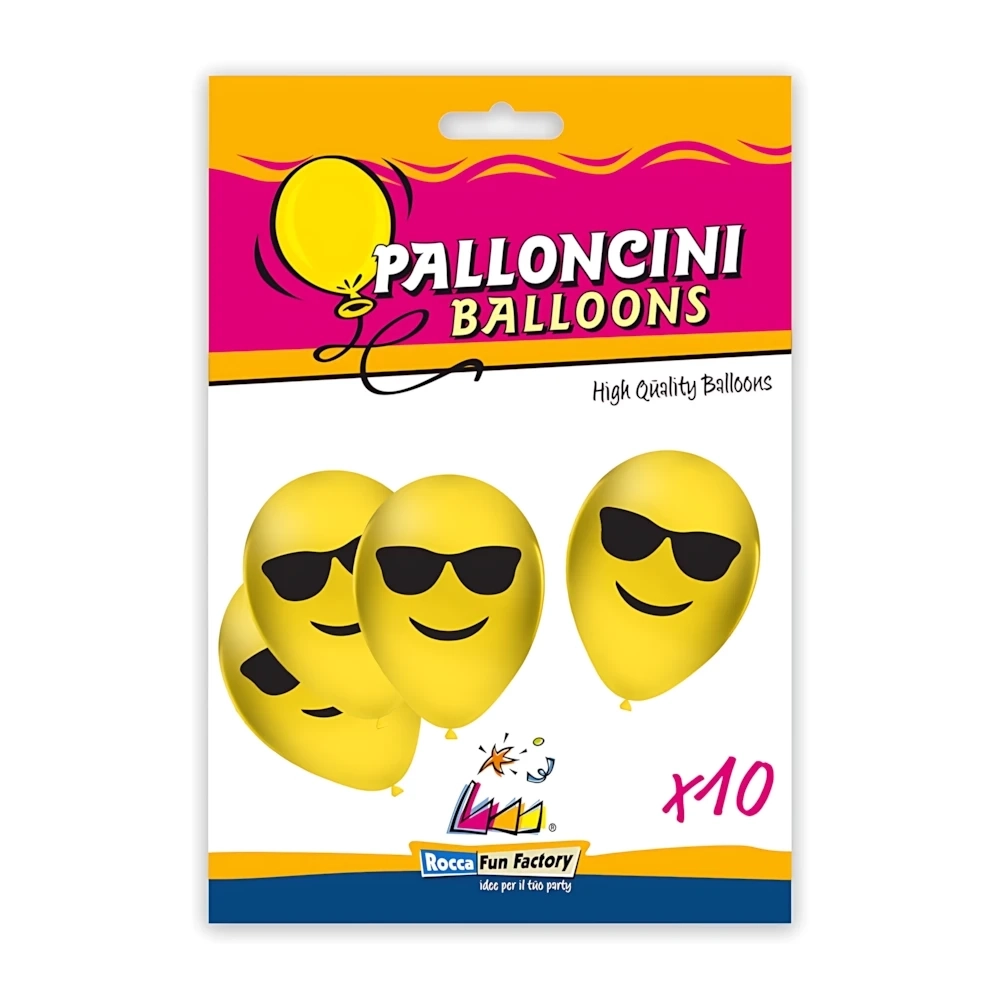 Palloncini 12" (30cm) giallo 11 con stampa nera Emoticon Occhiali su 1 lato, 10pz.