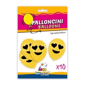 Palloncini 12" (30cm) giallo 11 con stampa nera Emoticon Cuoricini su 1 lato, 10pz.
