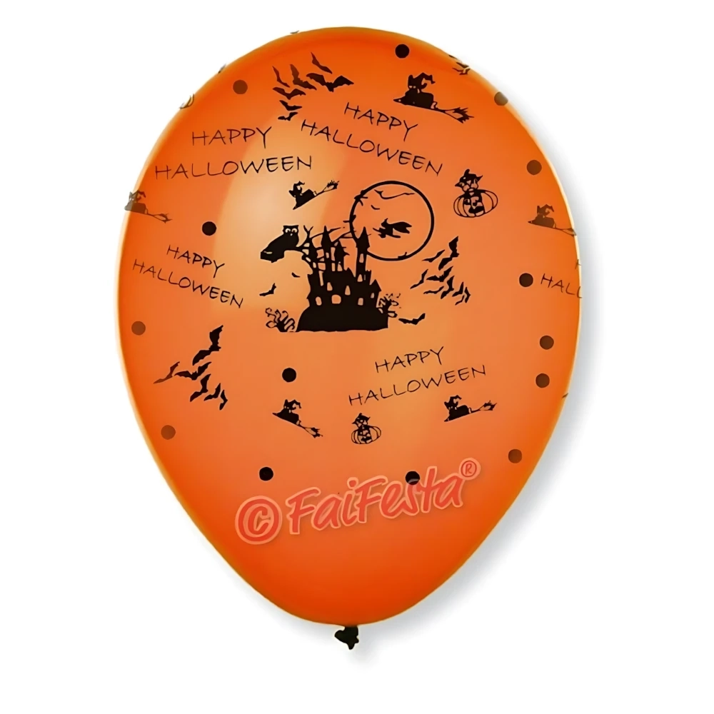 Palloncini 12" (30cm) arancio 14 con stampa nera globo Halloween, 10pz.