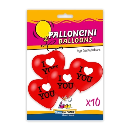 Palloncini cuore 17" (43cm) rosso 28 con stampa bianca e nera I Love You su 1 lato, 10pz.