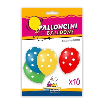 Palloncini 12" (30cm) assortiti con stampa bianca globo Pois, 10pz.