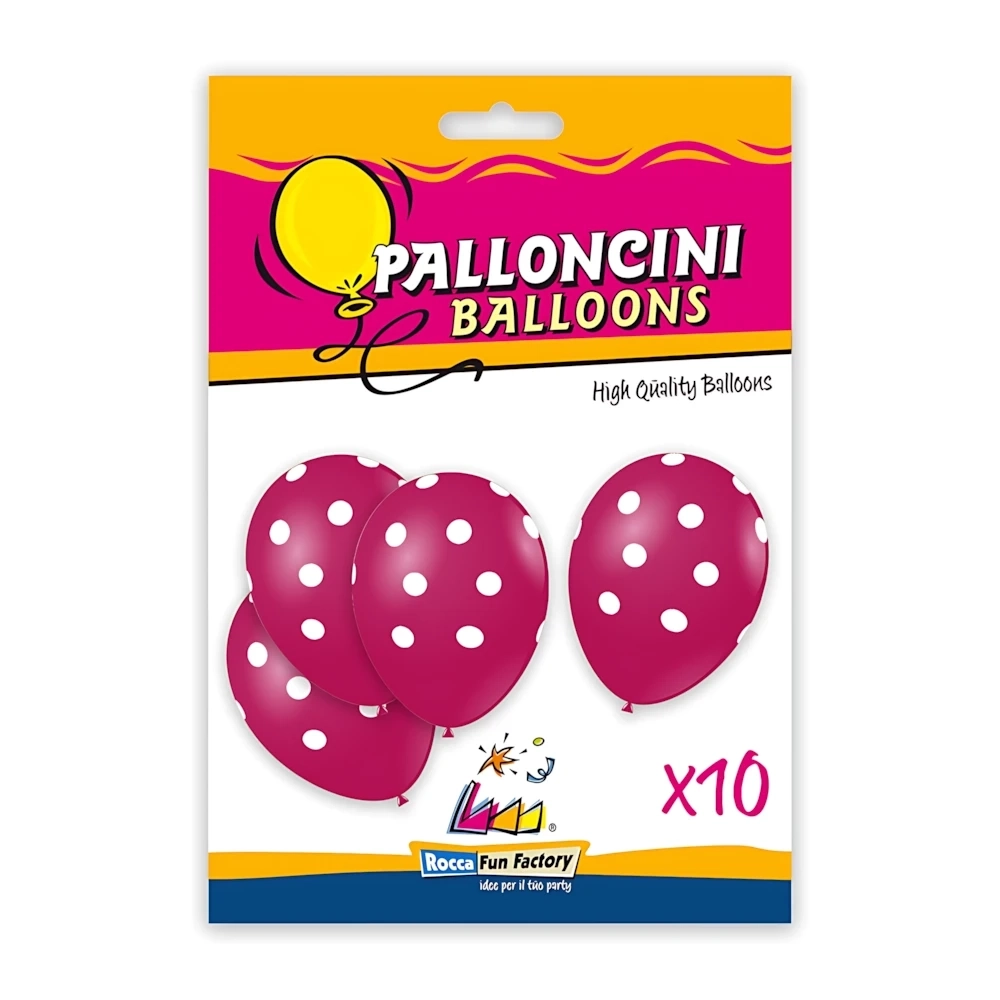 Palloncini 12" (30cm) fucsia 07 con stampa bianca globo Pois, 10pz.