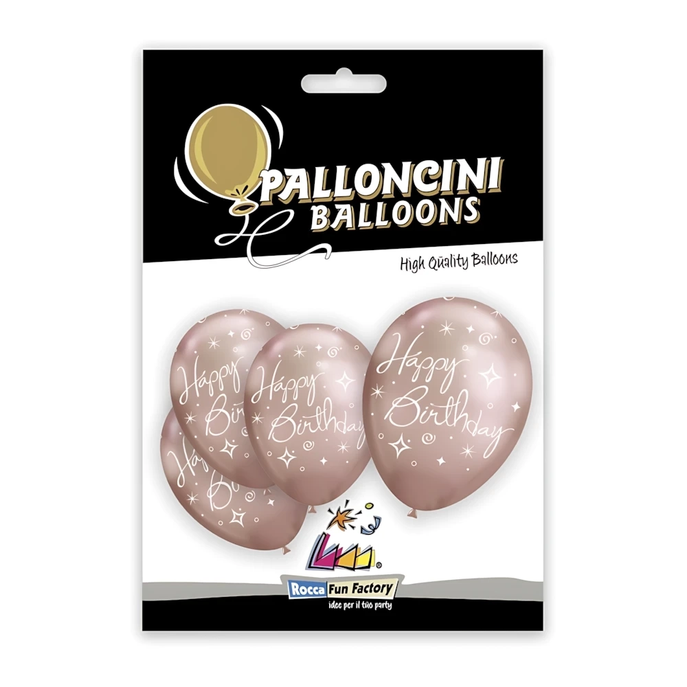 Palloncini 12" (30cm) rosa gold con stampa bianca Buon Compleanno su due lati, 5pz.