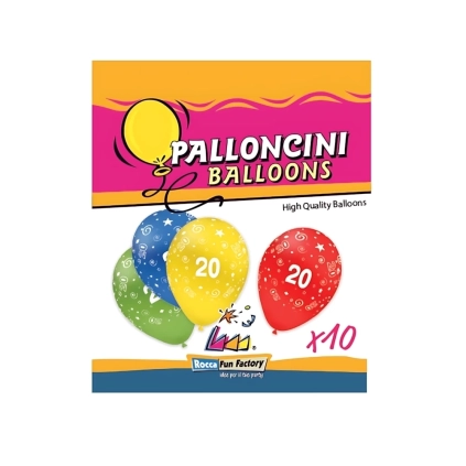Palloncini 12" (30cm) assortiti con stampa bianca globo Numero 20, 10pz.