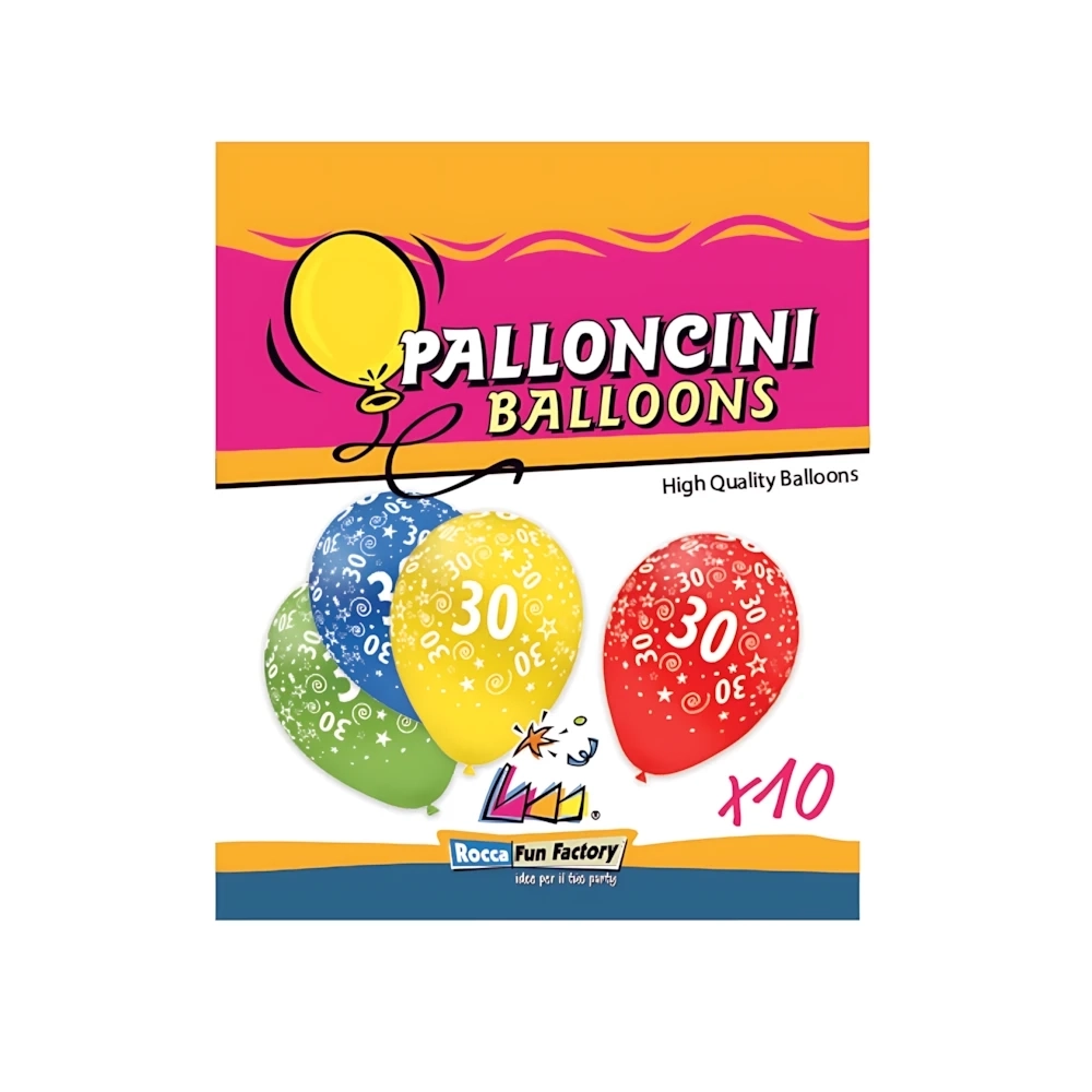 Palloncini 12" (30cm) assortiti con stampa bianca globo Numero 30, 10pz.