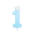 Candelina numero 1 Azzurro Perlato con Corona Argento 9,5cm, 1pz.