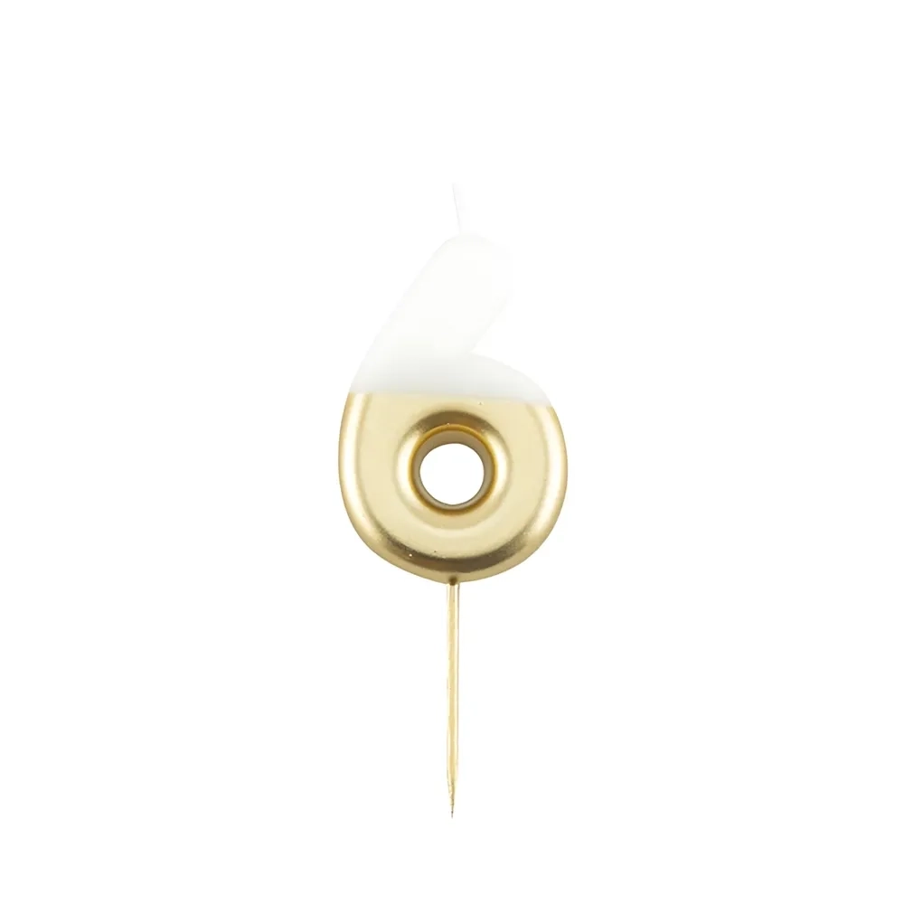 Candelina Metal numero 6 Bianca e Oro 10,5cm, 1pz.
