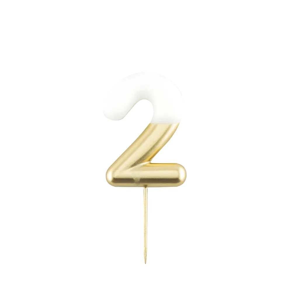 Candelina Metal numero 2 Bianca e Oro 10,5cm, 1pz.