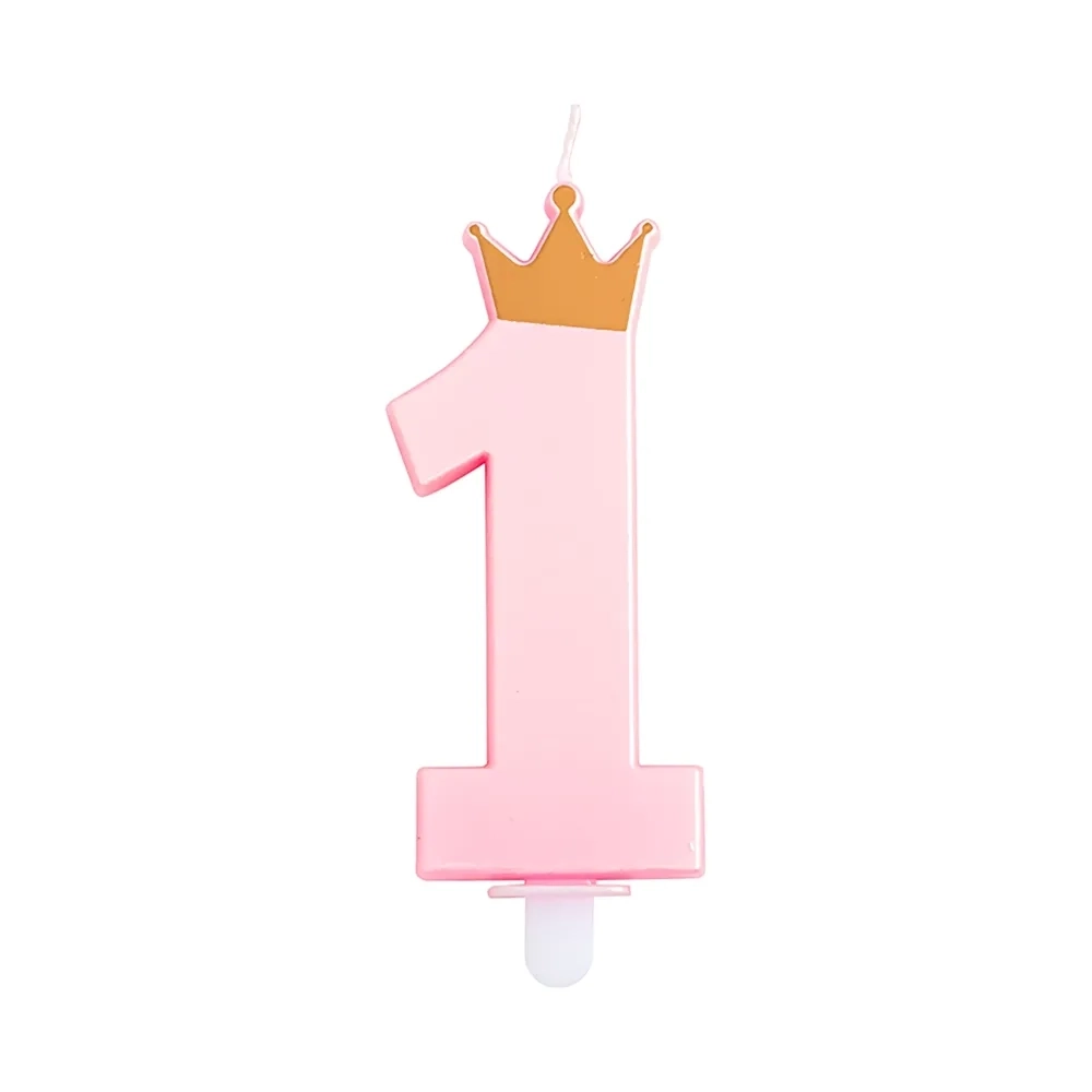 Candelina numero 1 rosa Perlato con Corona oro 9,5cm, 1pz.