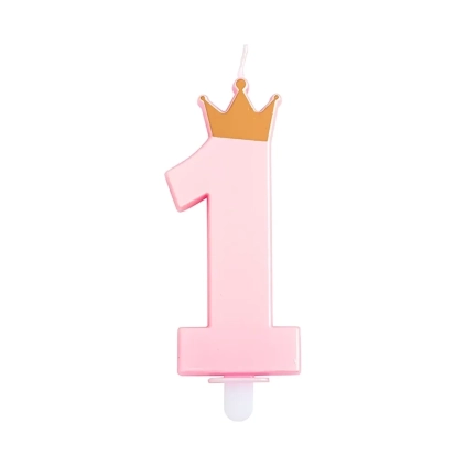 Candelina numero 1 rosa Perlato con Corona oro 9,5cm, 1pz.
