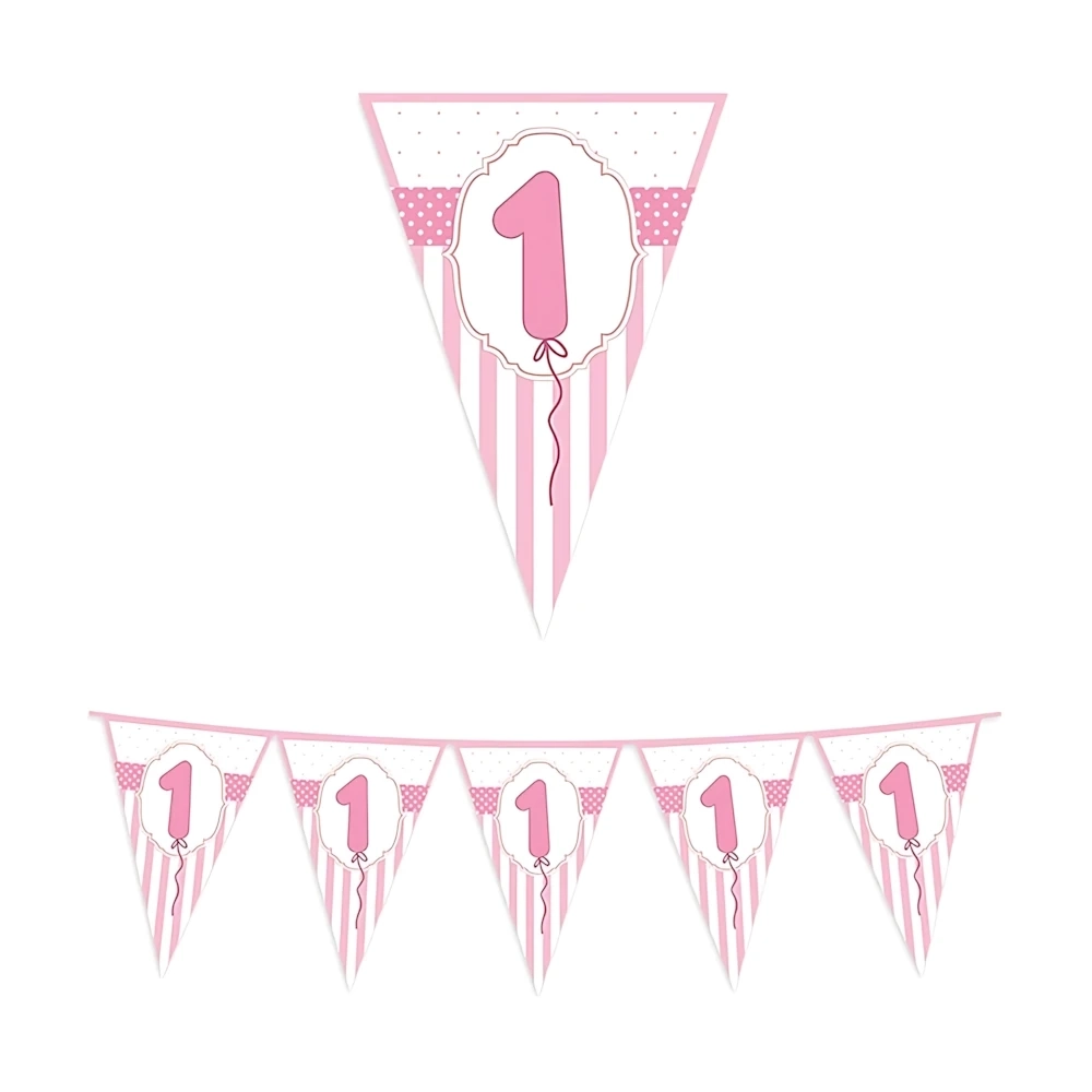Festone bandierine Buon Primo Compleanno Rosa in plastica , 1pz.