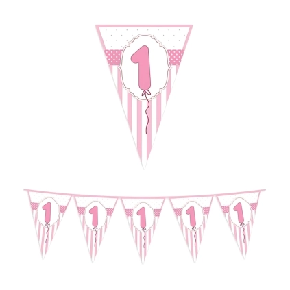Festone bandierine Buon Primo Compleanno Rosa in plastica , 1pz.