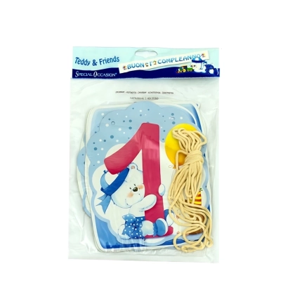 Festone bandierine Teddy 1 Compleanno Lettere Azzurro, 1pz.