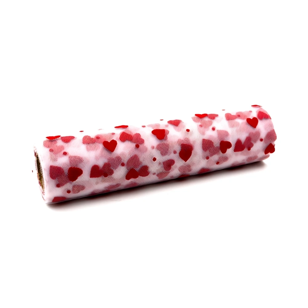 Tulle floccato Cuori ROSSI Cm 25 X 25MT Bianco, 1pz.