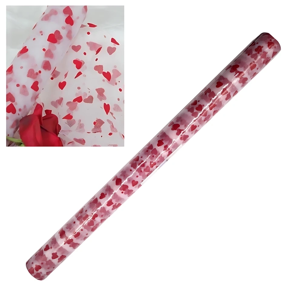 Tulle floccato Cuori ROSSI Cm 70 X 10MT Bianco, 1pz.