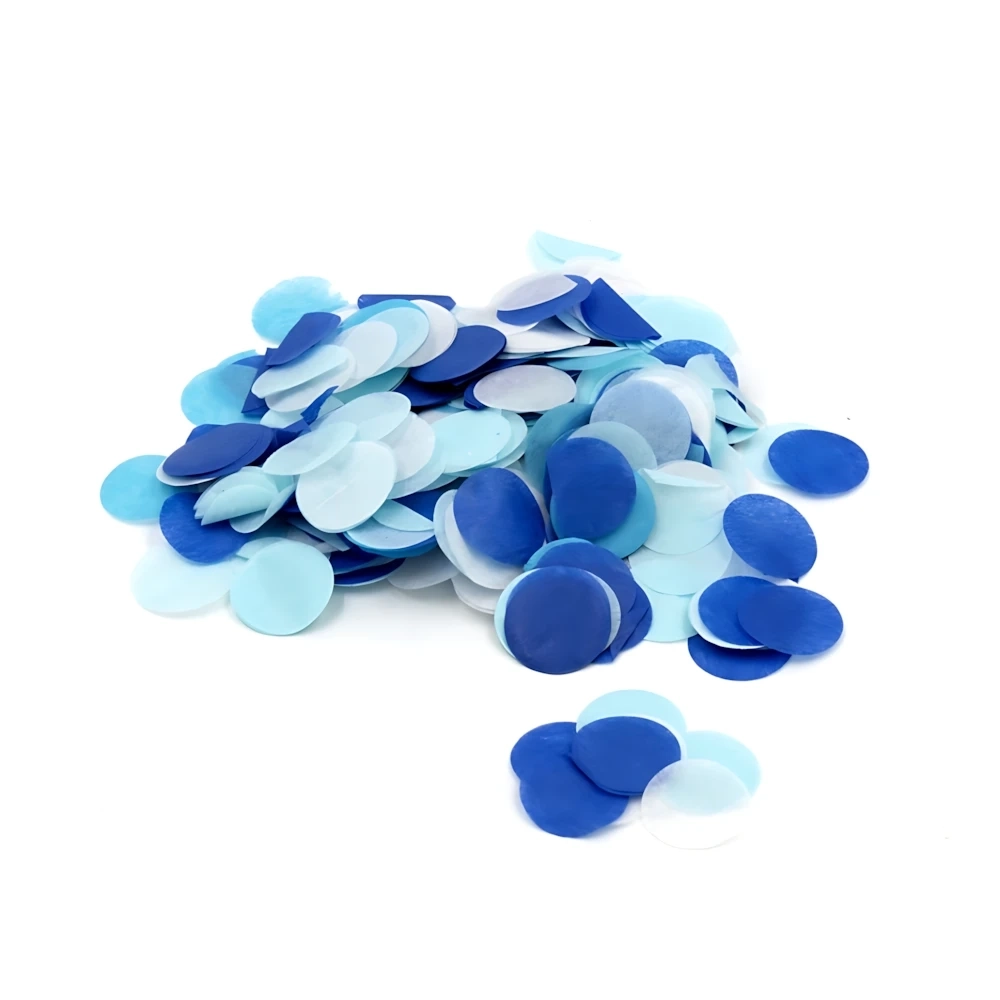 Coriandoli di carta tonalità di blu e celeste 1,8cm, 1 bustina da 15g.