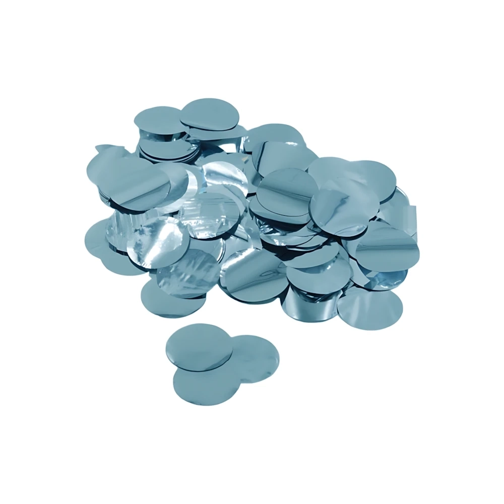 Coriandoli celeste metal per palloncini 2,3cm, 1 bustina da 15g.