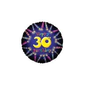 Palloncino Happy Birthday 30th con Candeline standard shape 18" (45cm) in mylar, 1pz.