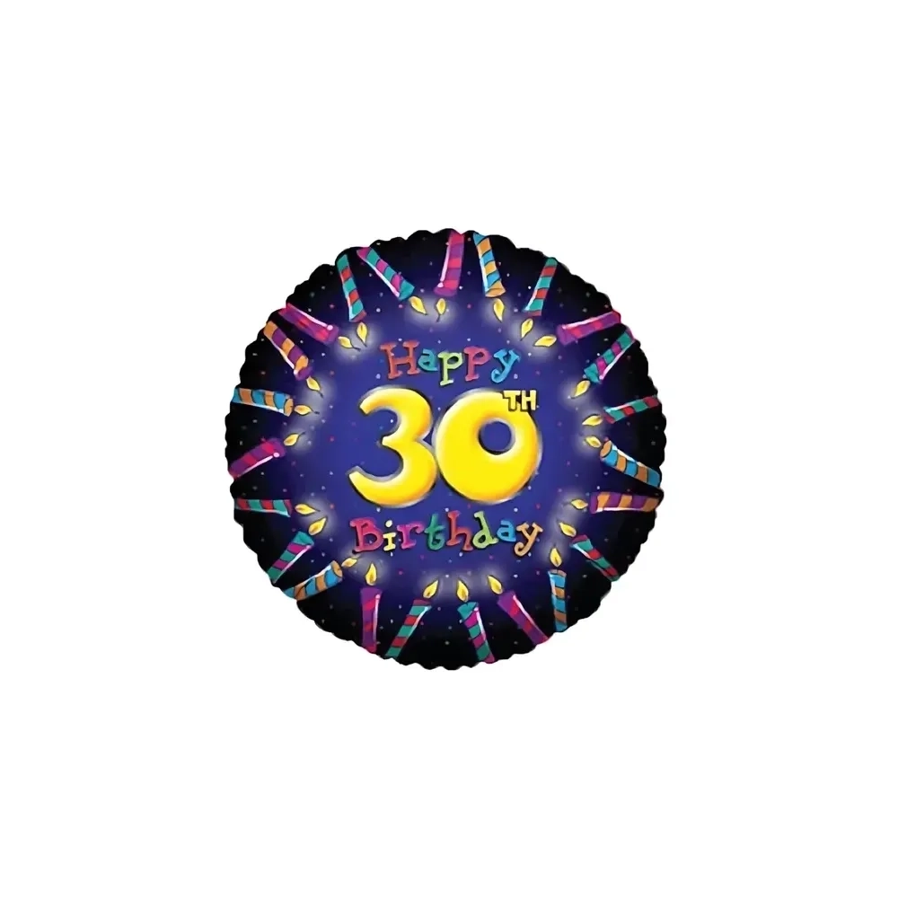 Palloncino Happy Birthday 30th con Candeline standard shape 18" (45cm) in mylar, 1pz.