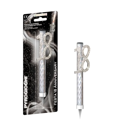Candela fontana pirotecnica numero 18 argento con strass, categoria F1, 1pz.