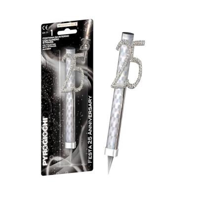 Candela fontana pirotecnica Anniversary argento numero 25 con strass, categoria F1, 1pz.