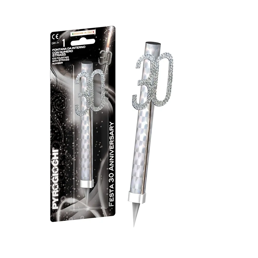 Candela fontana pirotecnica Anniversary argento numero 30 con strass, categoria F1, 1pz.