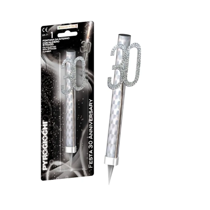 Candela fontana pirotecnica Anniversary argento numero 30 con strass, categoria F1, 1pz.