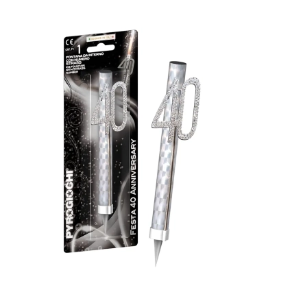 Candela fontana pirotecnica Anniversary argento numero 40 con strass, categoria F1, 1pz.