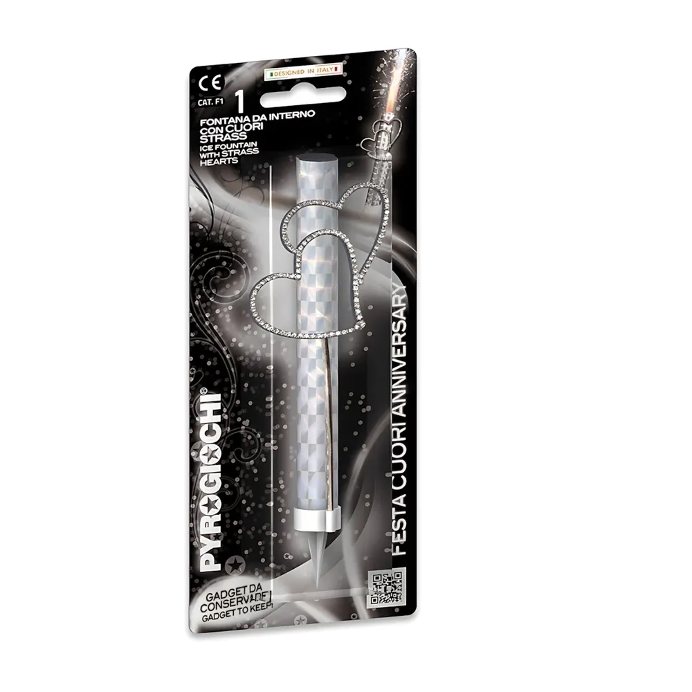 Candela fontana pirotecnica Anniversary argento con Cuori e strass, categoria F1, 1pz.