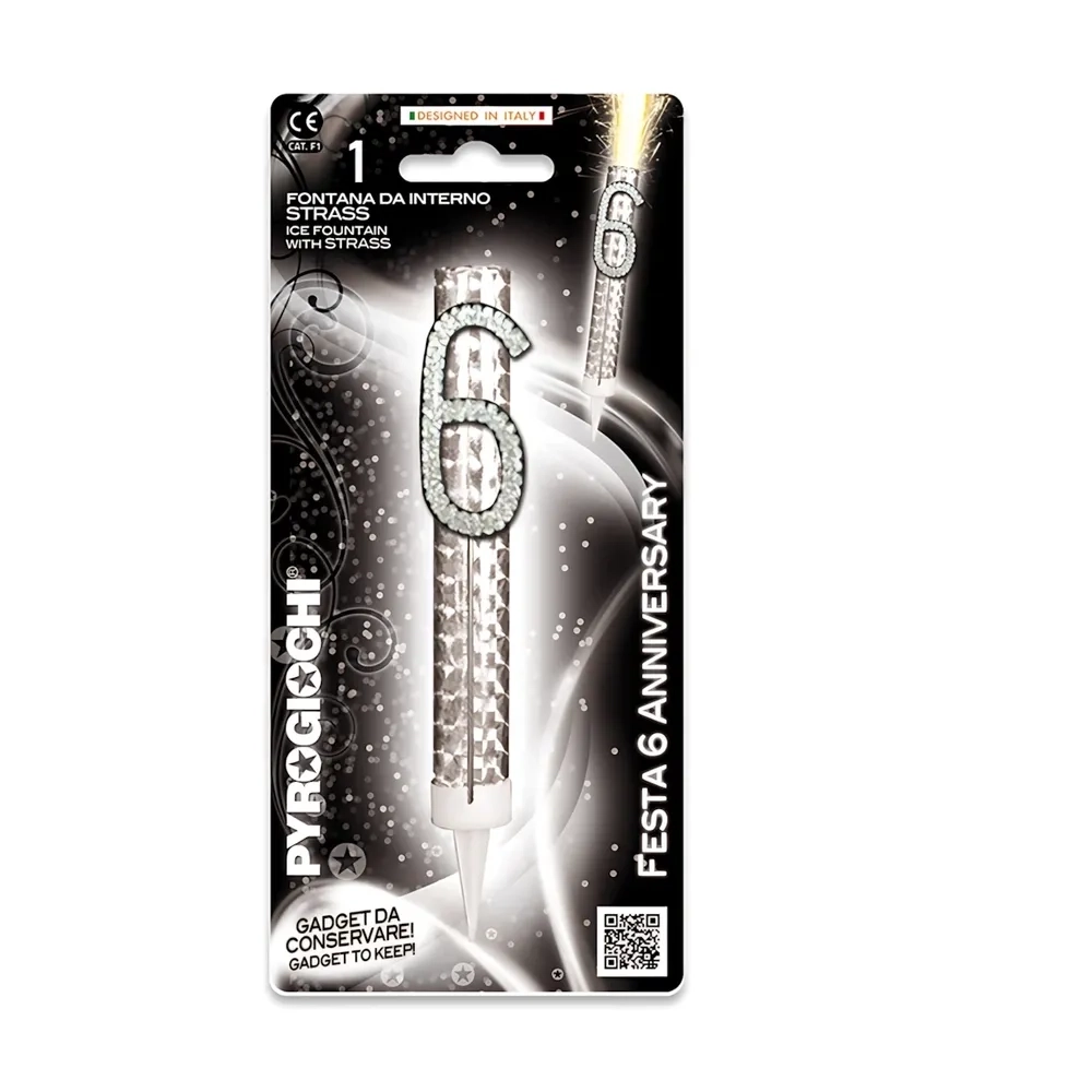 Candela fontana pirotecnica Anniversary argento numero sei con strass, categoria F1, 1pz.