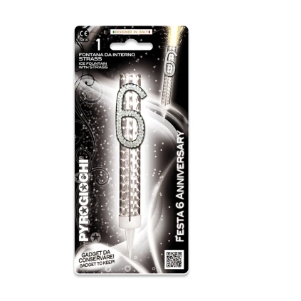 Candela fontana pirotecnica Anniversary argento numero sei con strass, categoria F1, 1pz.