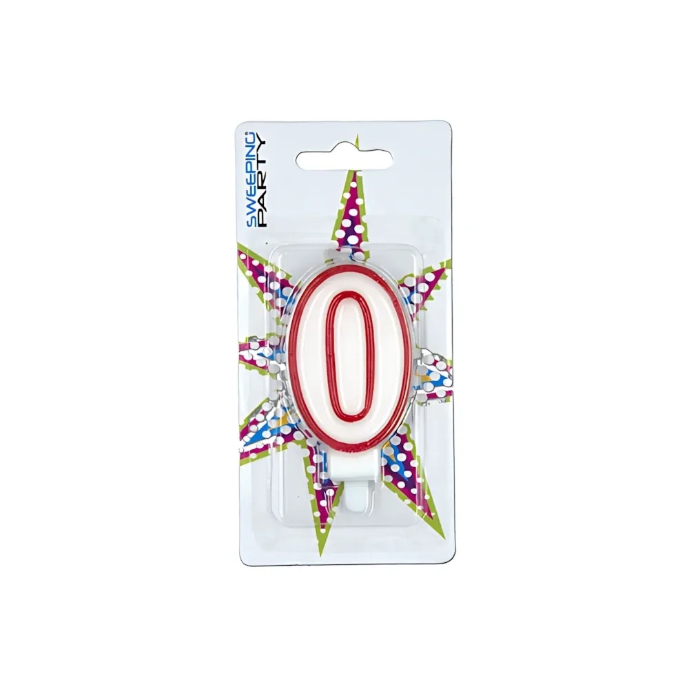 Candelina bianca con bordo rosso numero 0, 1pz.