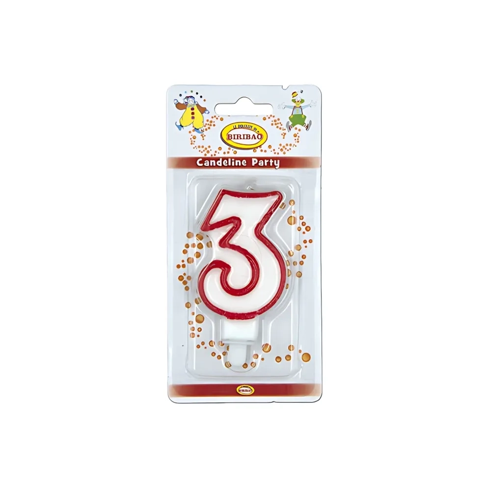 Candelina bianca con bordo rosso numero 3, 1pz.