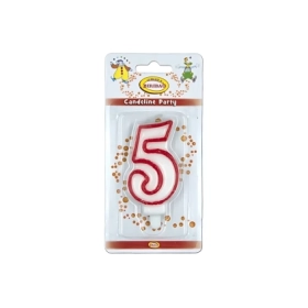 Candelina bianca con bordo rosso numero 5, 1pz.