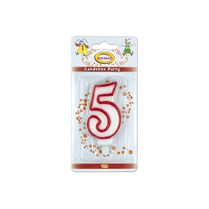 Candelina bianca con bordo rosso numero 5, 1pz.