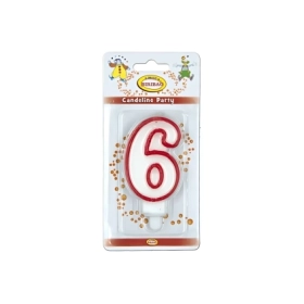 Candelina bianca con bordo rosso numero 6, 1pz.