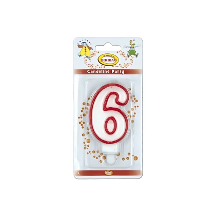 Candelina bianca con bordo rosso numero 6, 1pz.