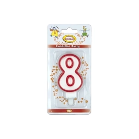 Candelina bianca con bordo rosso numero 8, 1pz.