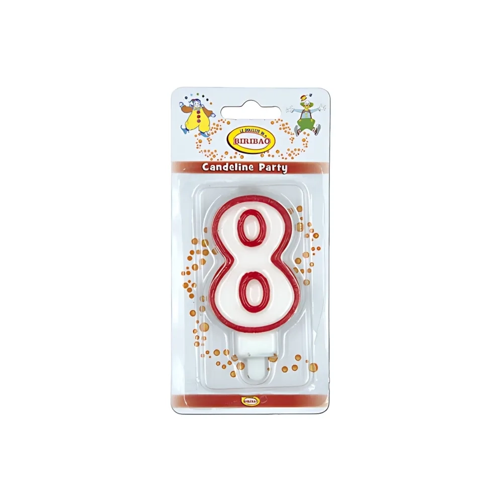 Candelina bianca con bordo rosso numero 8, 1pz.